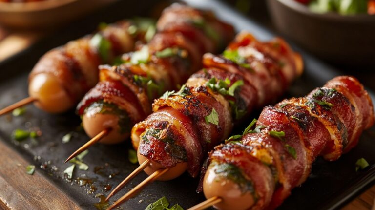 Close-up of skewered bacon-wrapped armadillo eggs, grilled to perfection and garnished with fresh herbs