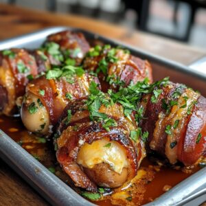 Close-up of bacon-wrapped, cheese-stuffed potatoes garnished with fresh herbs on a baking tray