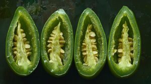 Close-up of four halved jalapeños with seeds intact, placed on a dark surface