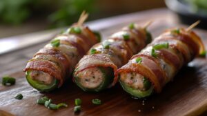 Close-up of bacon-wrapped armadillo eggs stuffed with sausage and jalapeño, garnished with chopped green onions