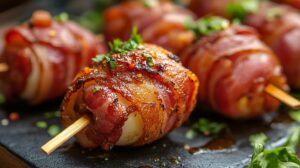 Close-up of skewered bacon-wrapped armadillo eggs, grilled to perfection and garnished with fresh herbs