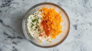 A glass bowl with shredded cheddar cheese, cream cheese, chopped herbs, and paprika on a marble countertop