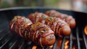 Bacon-wrapped armadillo eggs sizzling on a grill, coated with seasoning and garnished with herbs