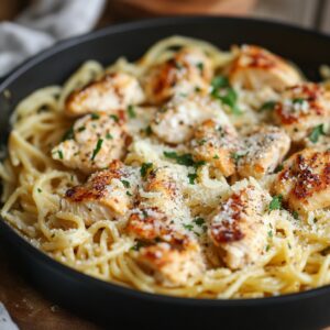 Close-up of garlic parmesan chicken pasta with grilled chicken pieces, parmesan cheese, and fresh herbs in a black pan