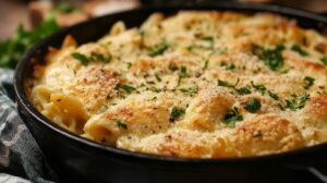 Close-up of baked garlic parmesan chicken pasta topped with melted cheese, parsley, and breadcrumbs