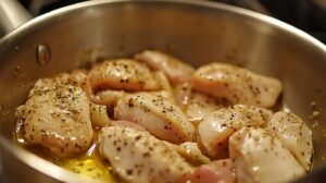 Close-up of raw chicken pieces seasoned with black pepper and cooking in a pan with oil