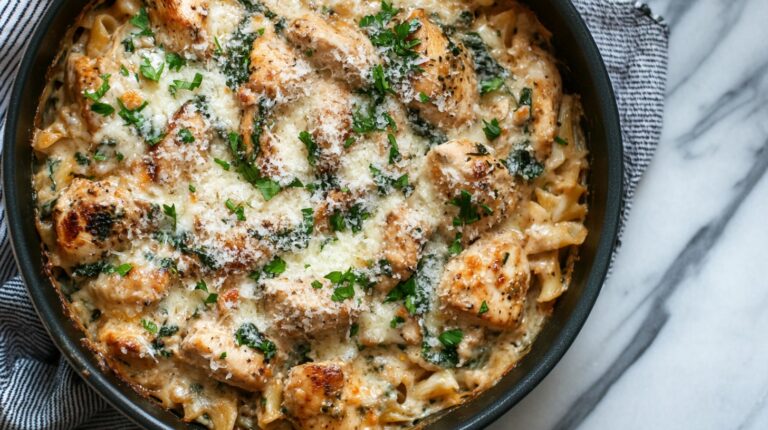 Top-down view of a skillet filled with garlic parmesan chicken pasta, topped with melted cheese and fresh parsley