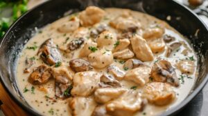 Close-up of chicken and mushrooms simmering in a creamy garlic parmesan sauce, garnished with parsley